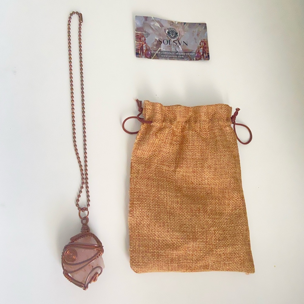 Real Rose Quartz Crystal Pendant Wrapped In Real Copper Chain Necklace